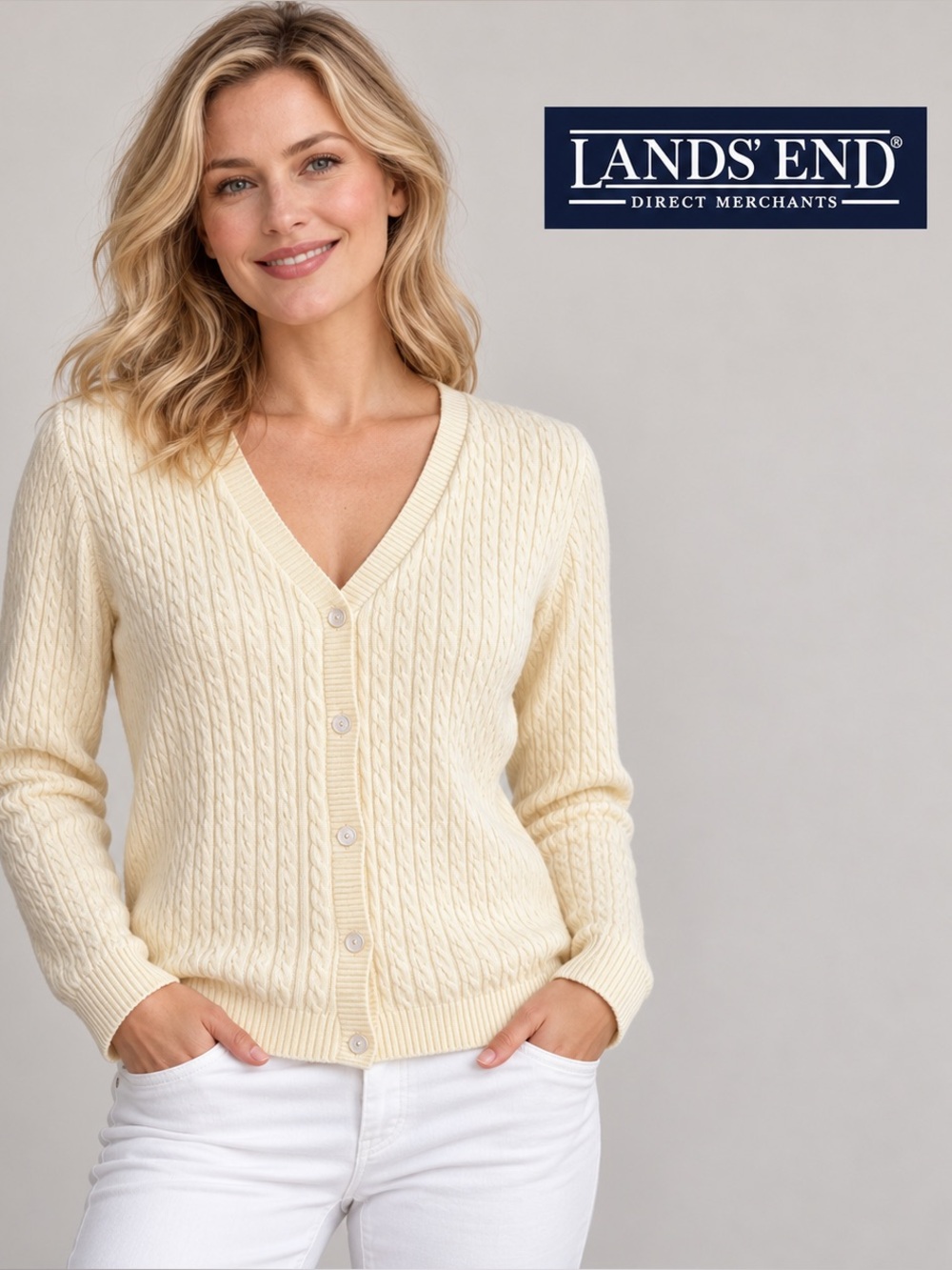 🌸Land’s End Cream Cable-Knit V-Neck Cardigan size M 💯Cotton Quiet Luxury Preppy